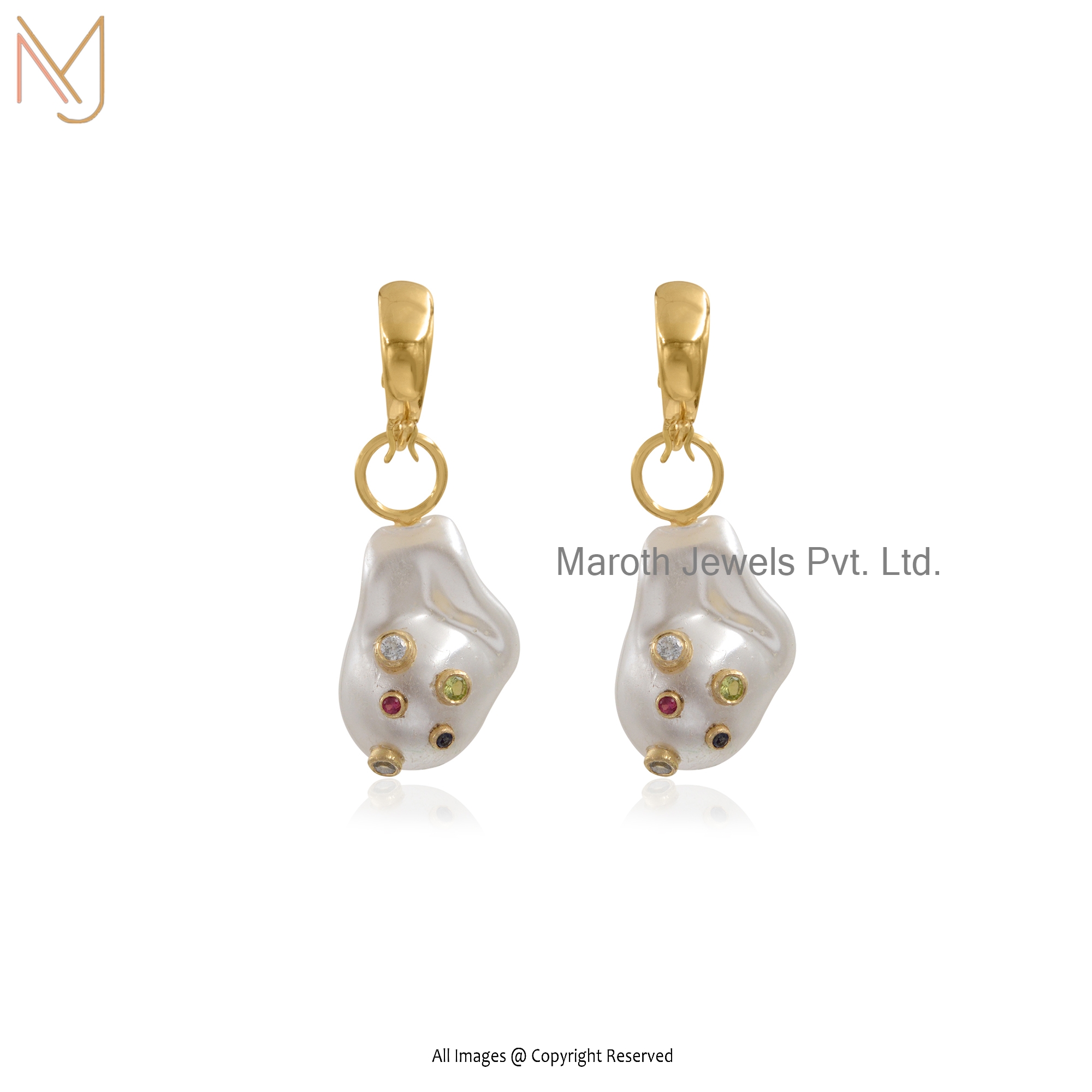 925 Silver Yellow Gold Pearl and Multi Gemstone Baroque Earring Jewelry| Wholesale Jewelry Manufacturer | Maroth Jewels